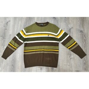 VTG Y2K SOUTHPOLE Sweater Green‎ Brown Striped 100% Acrylic Pullover Sweater